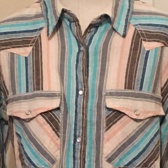 Free People Vintage Striped multi turquoise pink grey and white snap blouse M - Picture 2 of 4